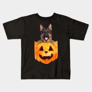 Long Haired German Shepherd In Pumpkin Pocket Halloween Kids T-Shirt